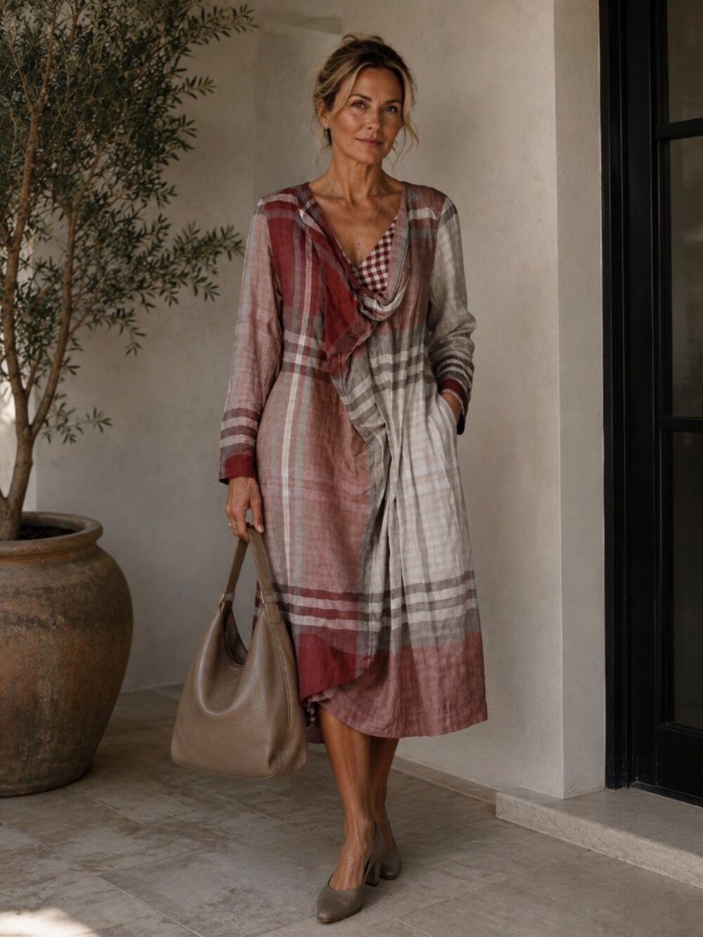 SANDWICH Plaid Cotton Lagenlook Dress Draped Asymmetrical Euro Chic Artsy Boho M